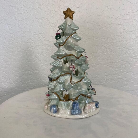 Rare VTG Ceramic 8" Painted Christmas Tree Tealight Holder Miniature Ornaments - Picture 3 of 8